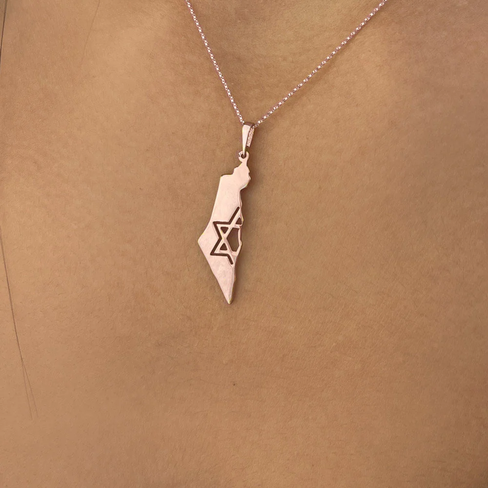 תליון ושרשרת מזהב ורוד 14 קראט - מפת ישראל מגן דוד