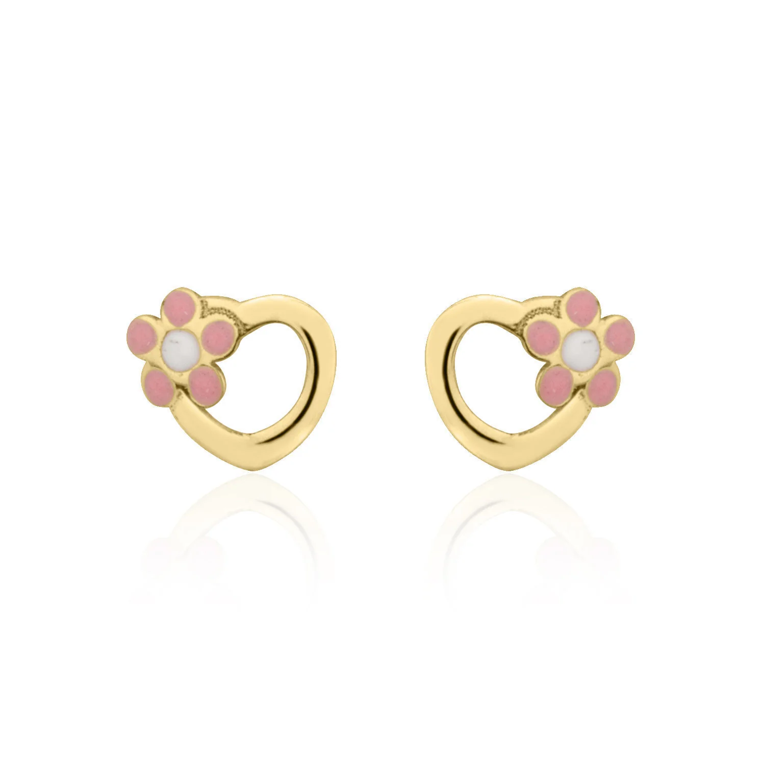 עגילים צמודים מזהב צהוב 14 קראט - לב ופרח ורדית - Image 3