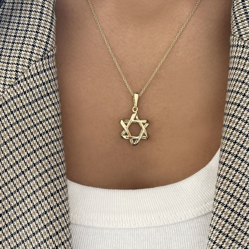 תליון ושרשרת מזהב צהוב 14 קראט - מגן דוד עגול נפוח